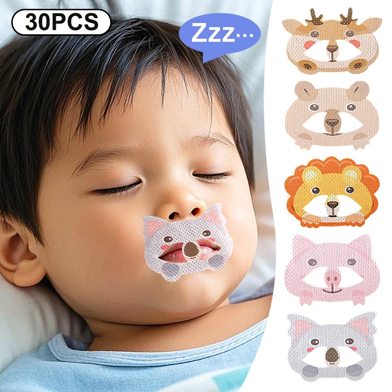 

30 шт., детские наклейки против храпа с героями мультфильмов, наклейки для сна с закрытым ртом, пластырь для коррекции дыхания, пластырь для заклепки, ортезовая лента