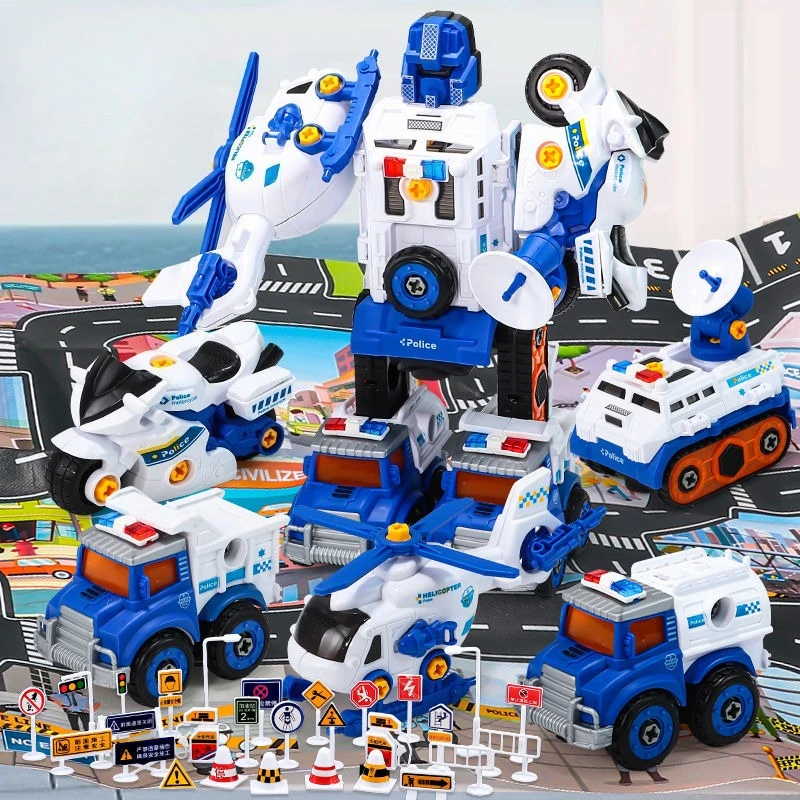 

5 IN 1 Transforming Robot City Police Series Action Figure Comes with Game Map Roadblock Props Boy Collect Toy Birthday Gifts