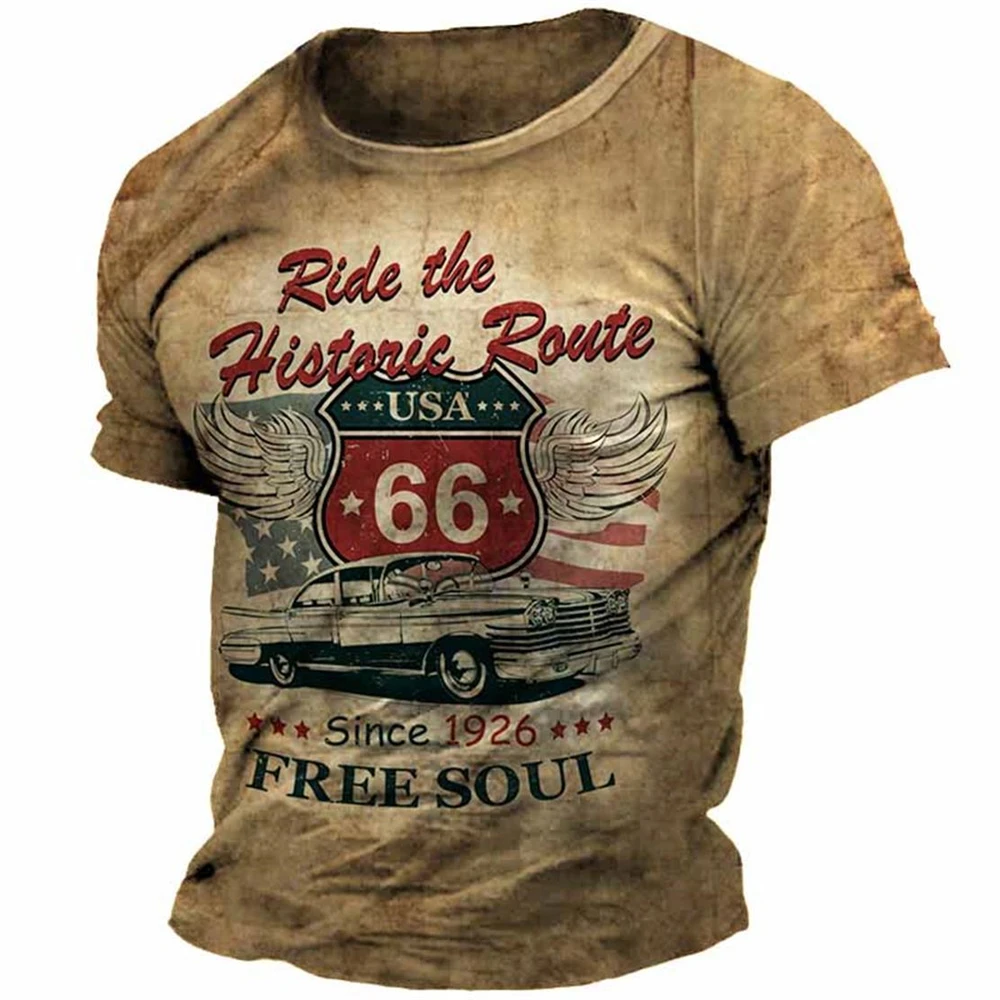 66 Route T-Shirt Vintage For Men 3D Printed Biker Motor Men's Clothing Casual Oversized Short Sleeve Tops T Shirt Men Camiseta