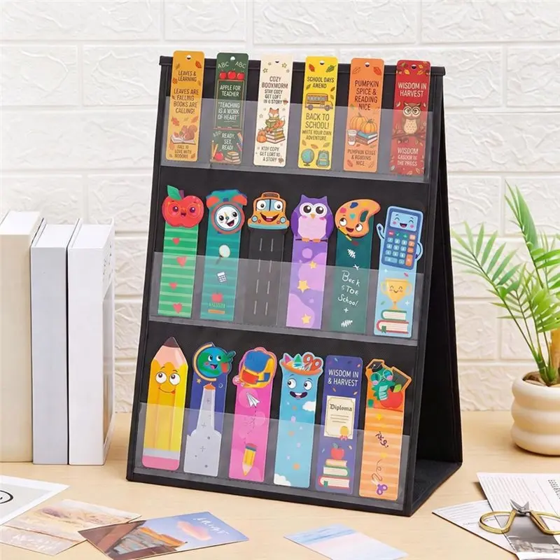 LLCS-Portable Desktop Holder 3-Tier Double-Sided Bookmark Display Stand, 6-Pocket For Bookmarks, Black Desktop Display Rack