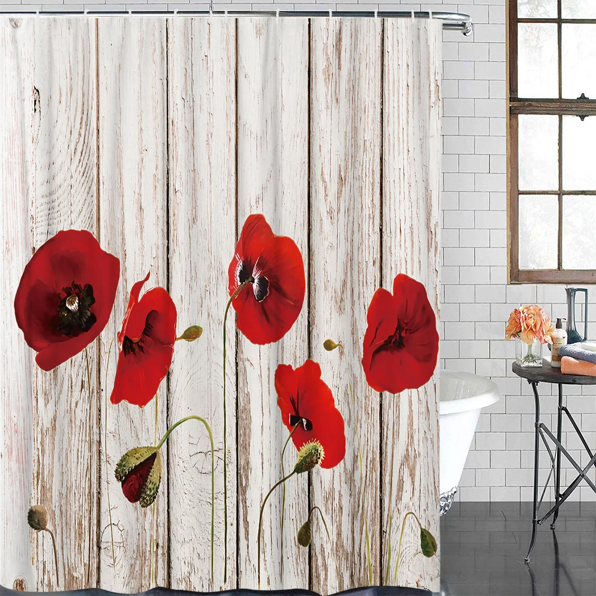 Vintage Wooden Texture Red Poppy Flower Waterproof Bathroom Decoration Shower Curtain Printed Bath Curtains Bathroom Accessories