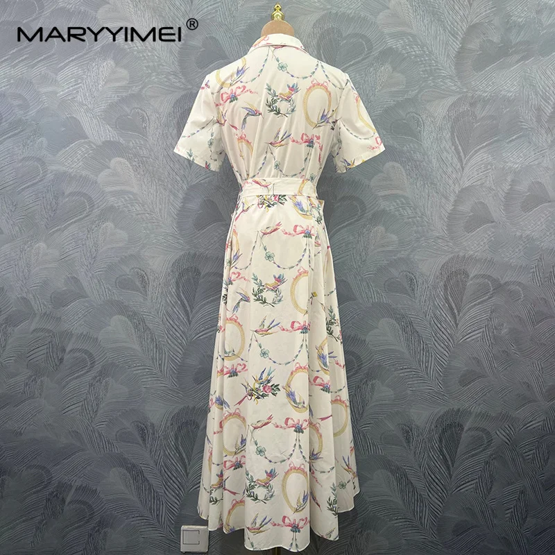 MARYYIMEI Casual Printed Cotton Dress Lapel Short Sleeves Lace Up Waist Long Dress 2026 Summer Fashion Women's New Style