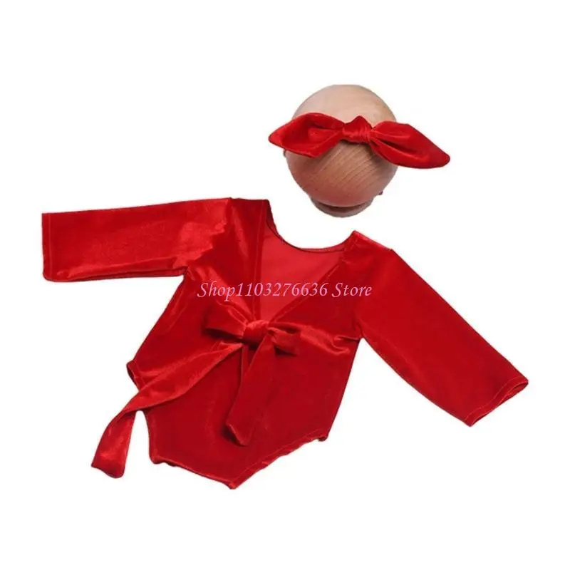 R6FD 0-1M Baby Girl Photo Props Backless Jumpsuits Bowknot Headband Christmas Costume