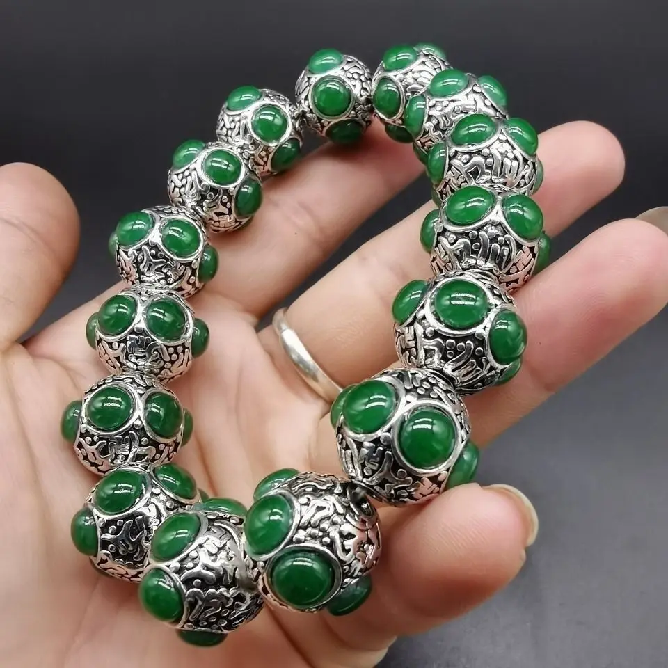 Fine silver jade inlaid bracelet, retro craftsmanship, exquisite and delicate silver bracelet for men and women