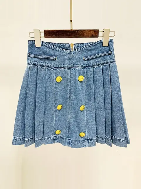 HIGH STREET Newest 2026 Designer Fashion Skirt Women's Lion Buttons Pleated Denim Skirt