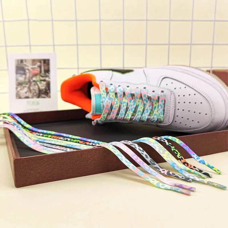 1Pair Colorful Leopard Print Sport Lace for Sneaker Men Women Flat Shoelaces Rubber Bands Canvas Shoes Accessories 120/140/160CM