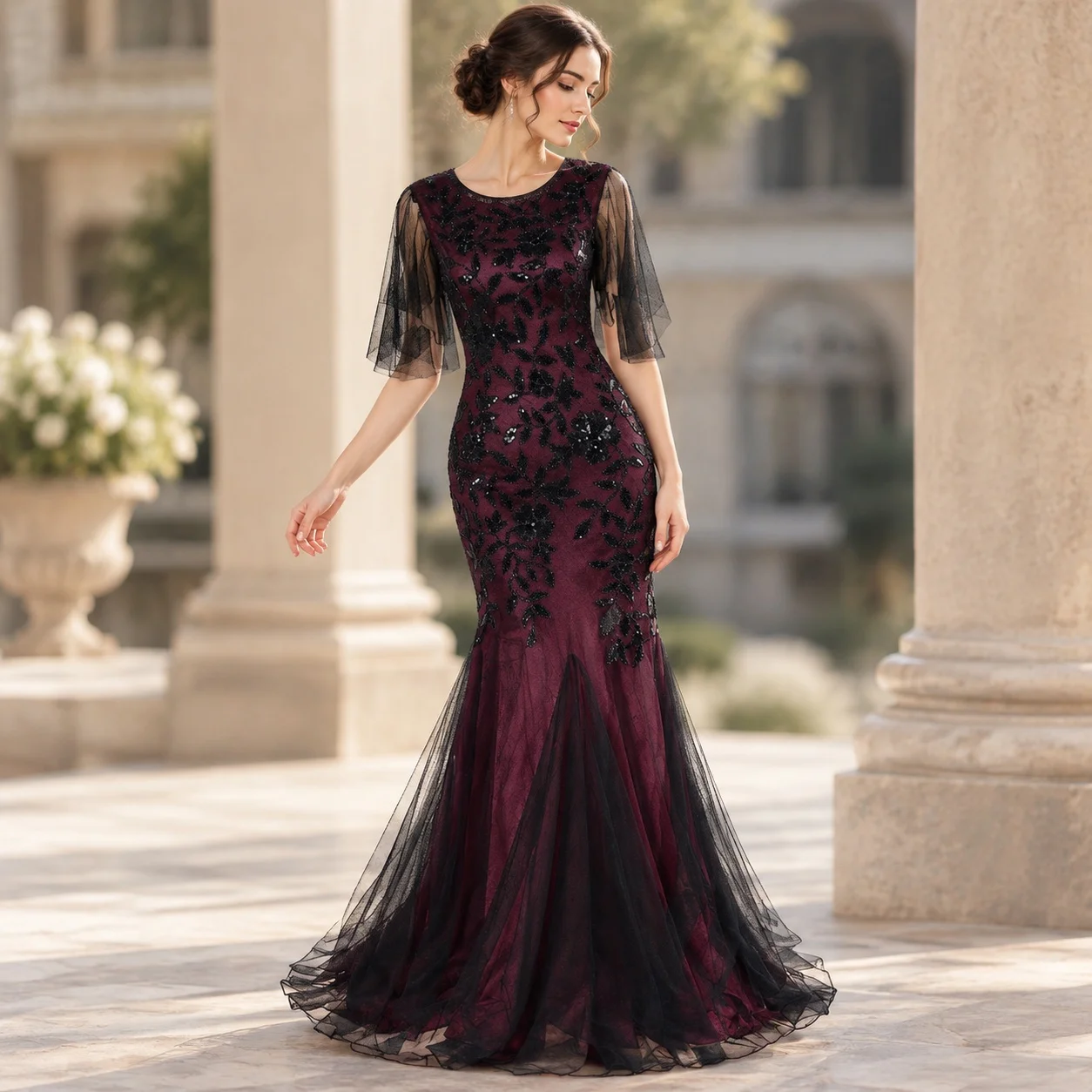 Long Dress Beaded Gown Maxi Length Elegant with Floral Pattern Elegant Style Spring Dress Sequin Spring for Women