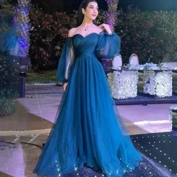 Romantic Blue Tulle A-line Evening Pageant Dresses 2024 Sweetheart Long Puffy Sleeves Pleats Tulle Prom Formal Party Gowns