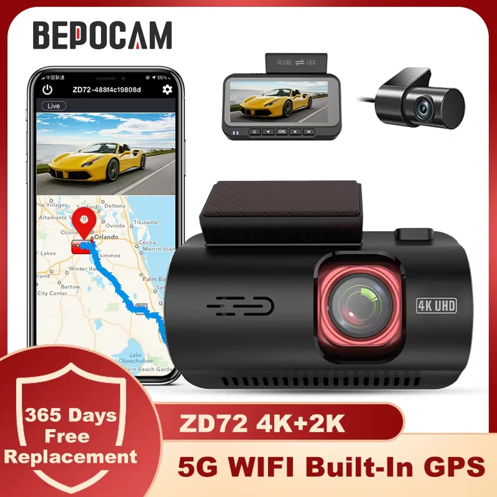 BEPOCAM ZD72 4K Dash Cam Built-In GPS 5G WiFi Car DVR Camera With Rear Cam For Vehicles 4K+2K Dual Channel 170FOV Auto Recorder