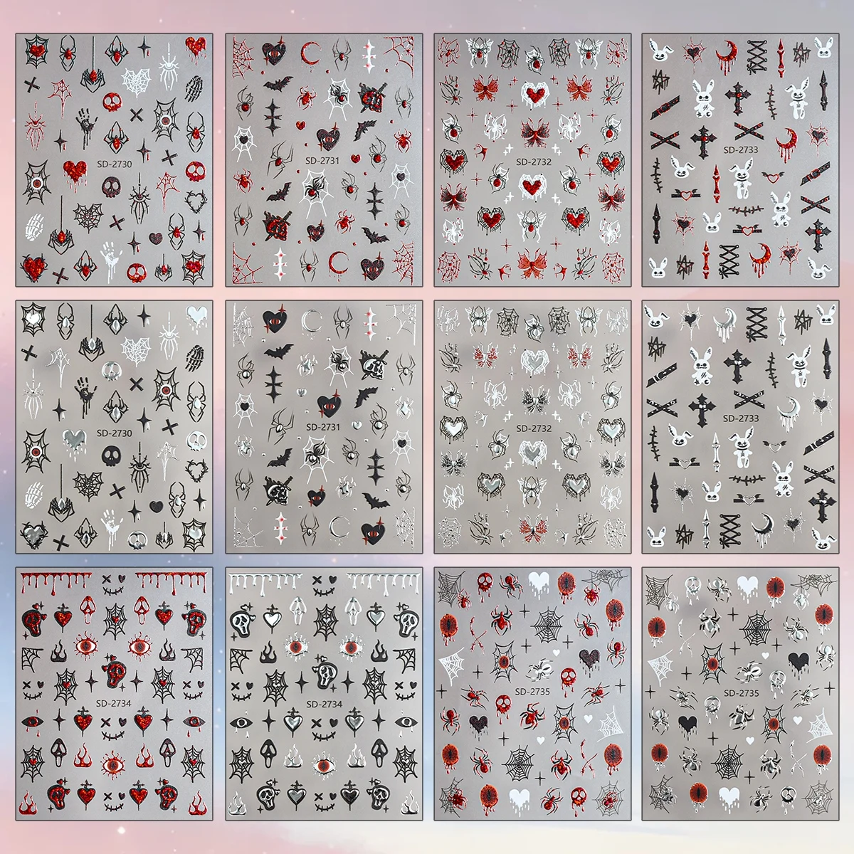 3 to 12 Sheets 5D Halloween Gothic Spider Web Skull Blood Drip Bat Cross Embossed Self-Adhesive Horror Nail Art Stickers