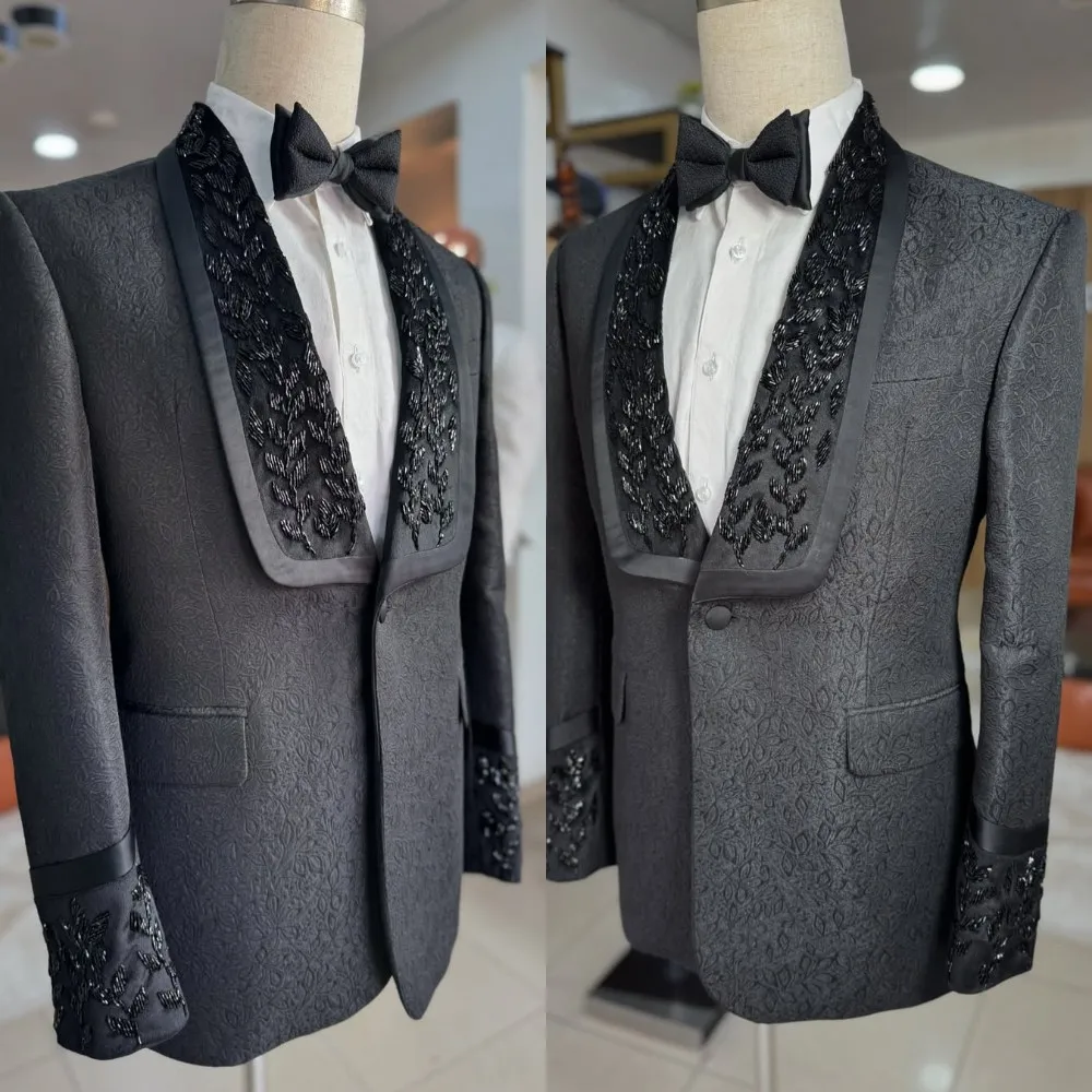 

Классический мужской свадебный пиджак с бисерной отделкой, шалевым воротником, однобортный смокинг для жениха, индивидуальный пошив