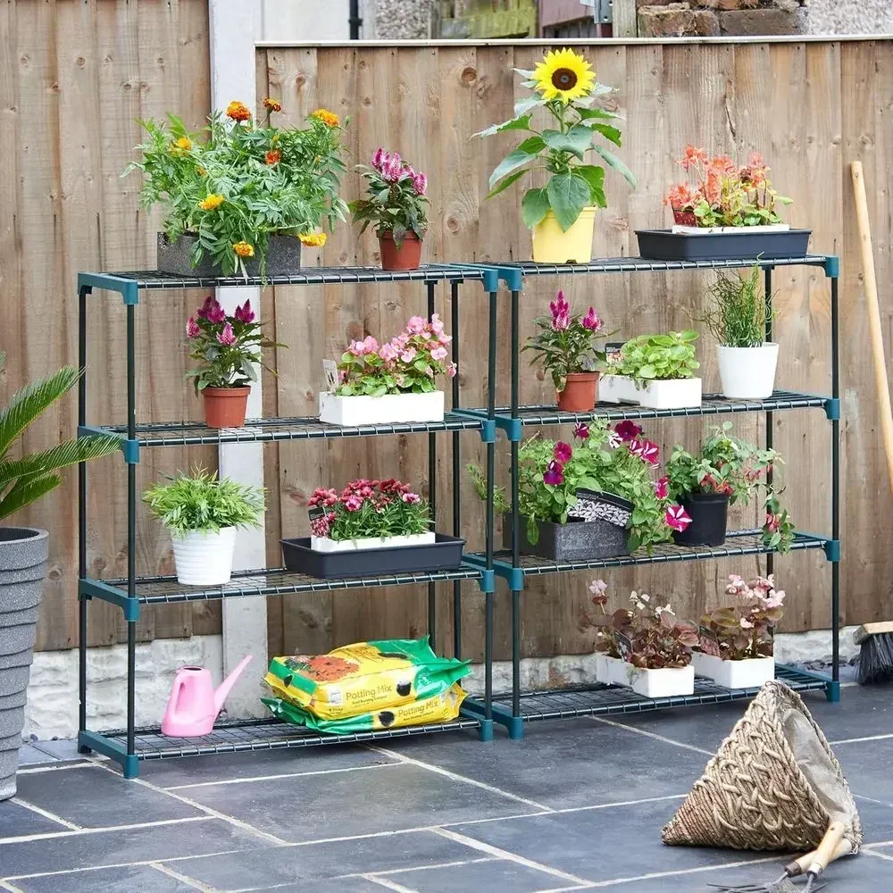 4-Tier Steel Shelves for Outdoor Plants - Greenhouse, Garden, Shed Storage Racks - Pack of 2