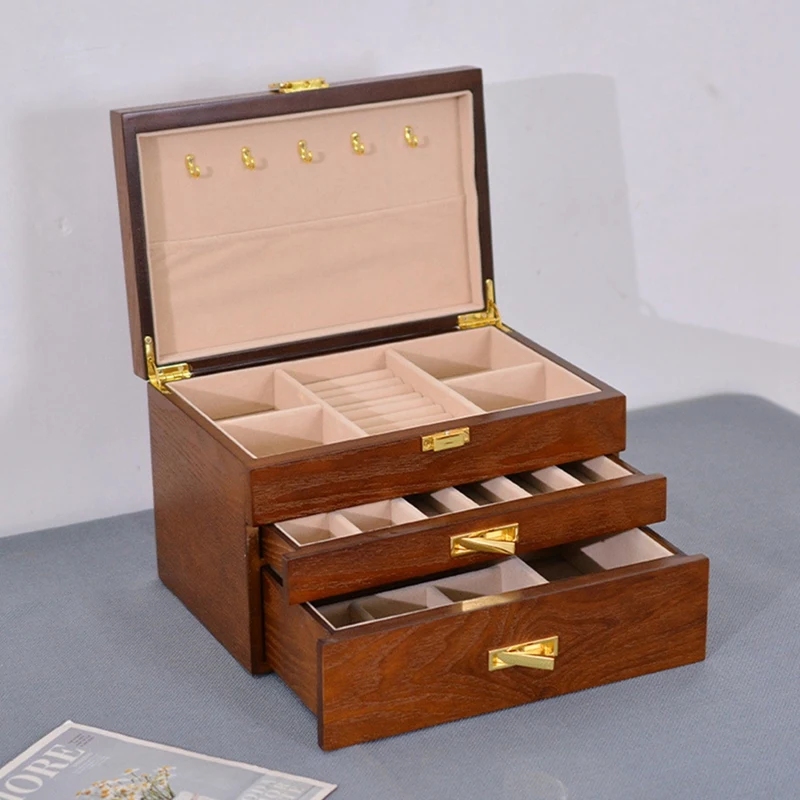 PWS Retro 3 Layers Jewelry Box Jewelry Storage Box With 2 Pull-Out Drawer For Storage Jewelry Rings Necklaces Bracelet