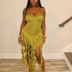 Seltsame weibliche Katzenschicke unregelmäßiger Quasten Saum Rückenfreies Halfterkleid, sexy Split Midnight Club Bodycon, Geburtstagsfeier, Sommer Hauptverkaufsrand - №5
