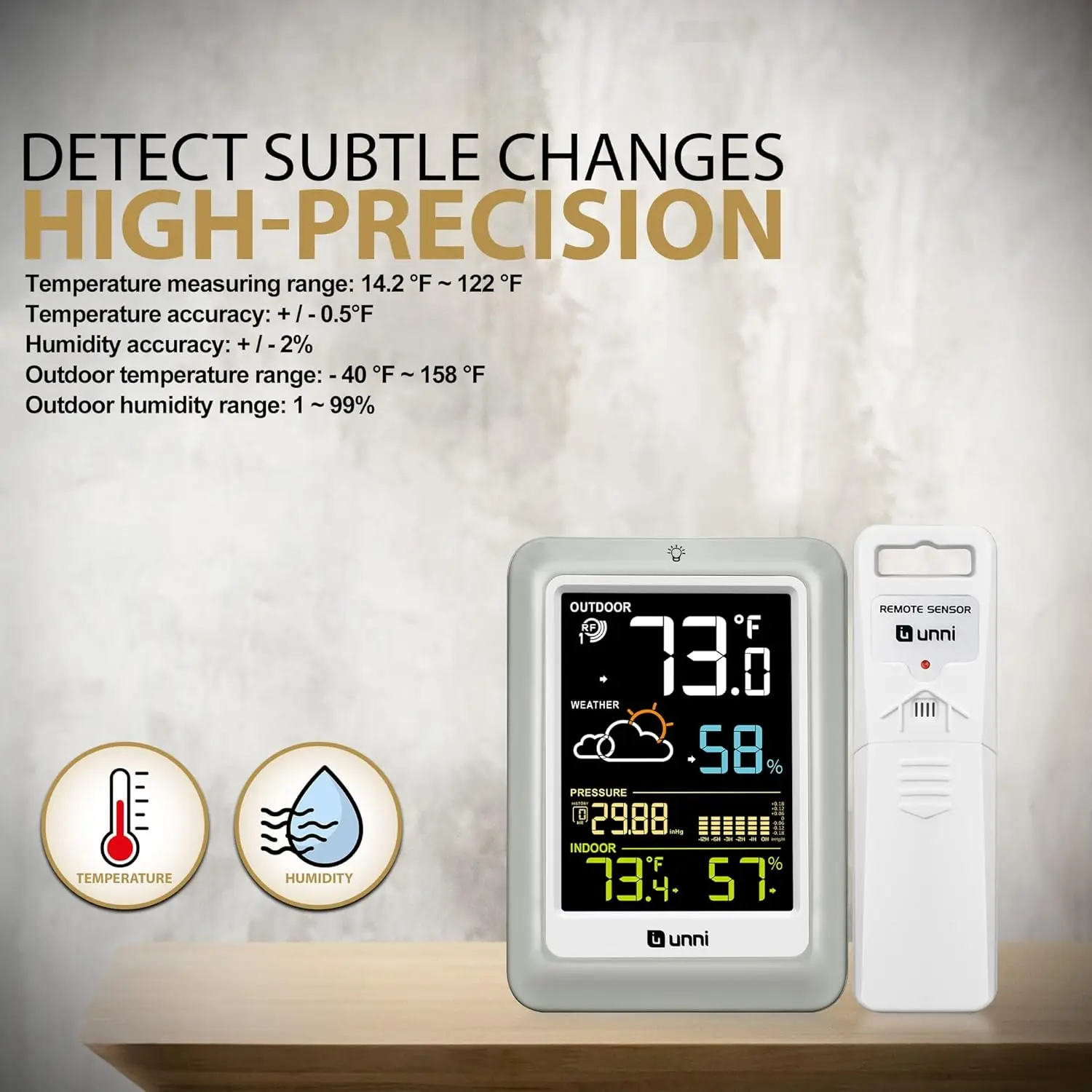 Wireless Indoor Outdoor Thermometer with 330ft Range, Adjustable Backlight, Weather Station Monitor