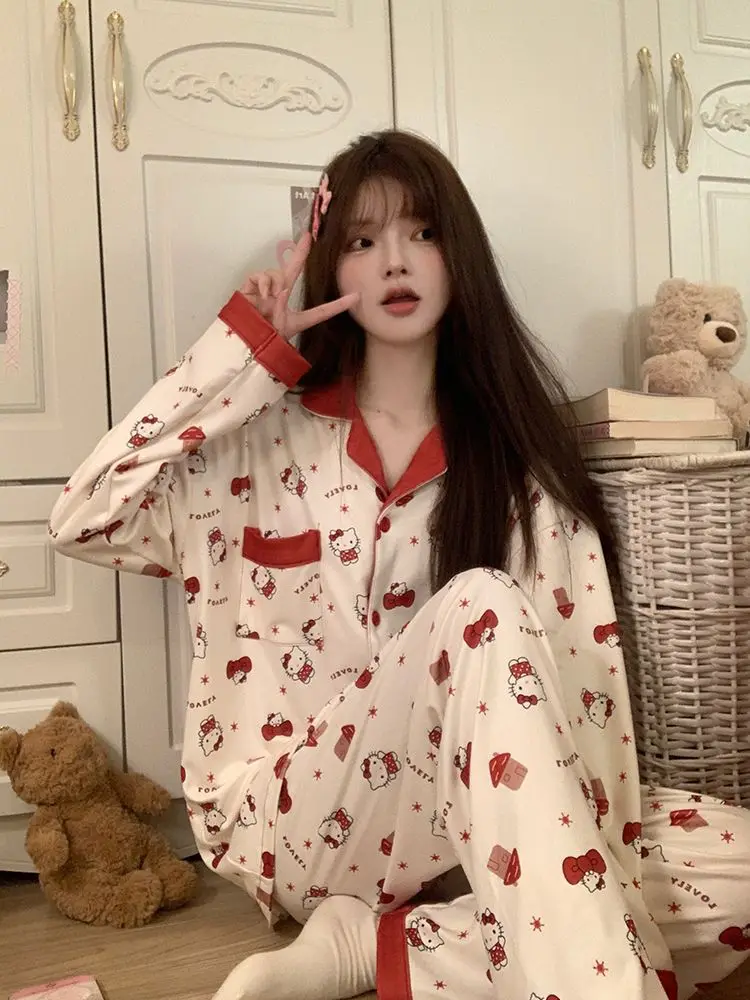 

Hello Kitty Women's 2025 Autumn Loose Fit Cardigan Pajama Set Long Sleeve Cozy Home Wear Sleepwear Loungewear Outfit