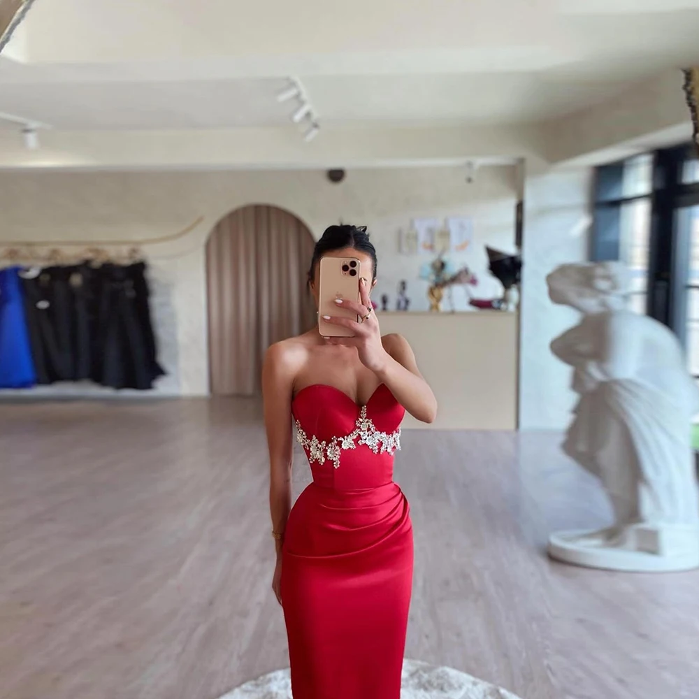 Generous Red Mermaid Graceful Women's Evening Dresses New Strapless Sleeveless Prom Gowns Beaded Formal Party Vestido De Noche