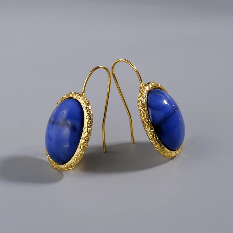 New Palace Retro Round Metal Earrings Natural Lapis lazuli Women\'s Jewelry