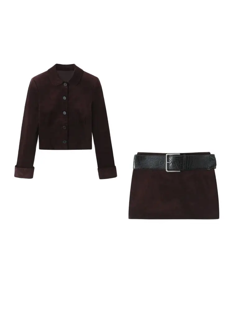 Women's Front Button Velvet Cropped Jacket Coat and Low Waist with Belt and Mini Skirt, Female Two Piece Sets, Chic Fashion