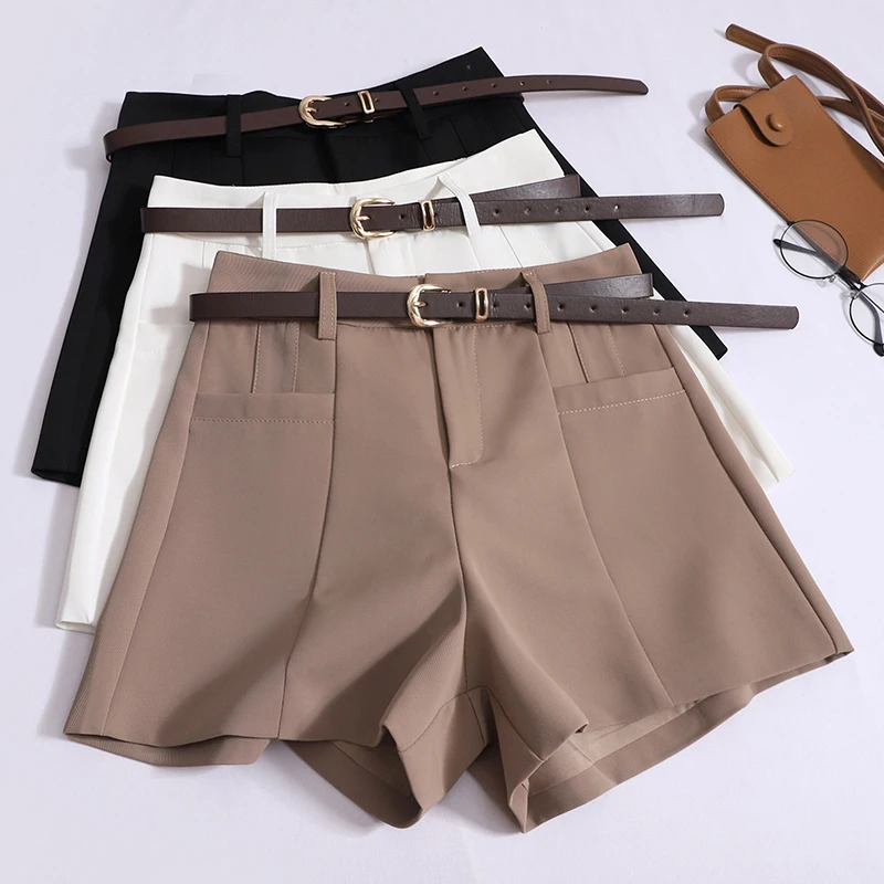 

ITOOLIN Women Casual Suit Shorts With Belted High Waist A-line Shorts Chic Office Women Vintage Straight Trousers Summer 2024