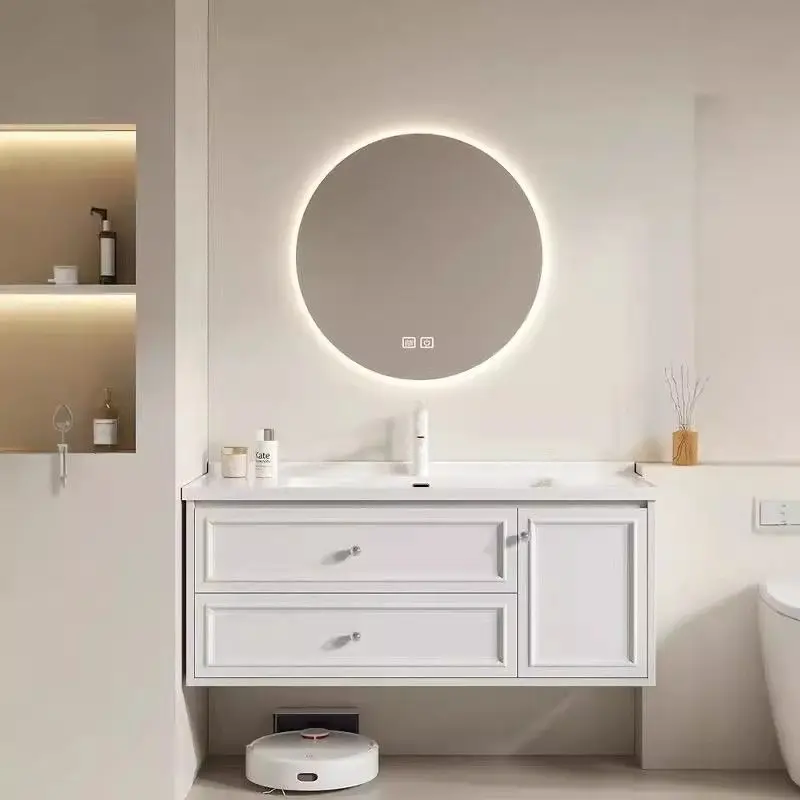 

Jane European style ceramic integrated basin bathroom cabinet bathroom white PVC paint wash basin bathroom cabinet