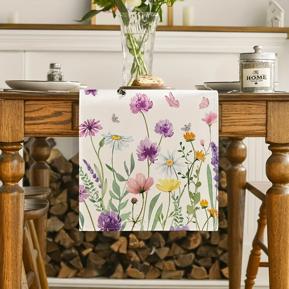 Spring Daisy Lavender Flowers Linen Table Runner Dresser Scarf Decor Watercolor Floral Kitchen Dining Table Runners Party Decor