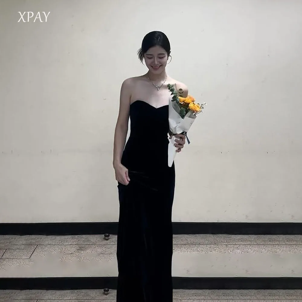 

XPAY Simple Black Velvet Floor-Length Evening Party Dresses Lady Photo shoot Strapless Birthday Formal Prom Gowns Customized