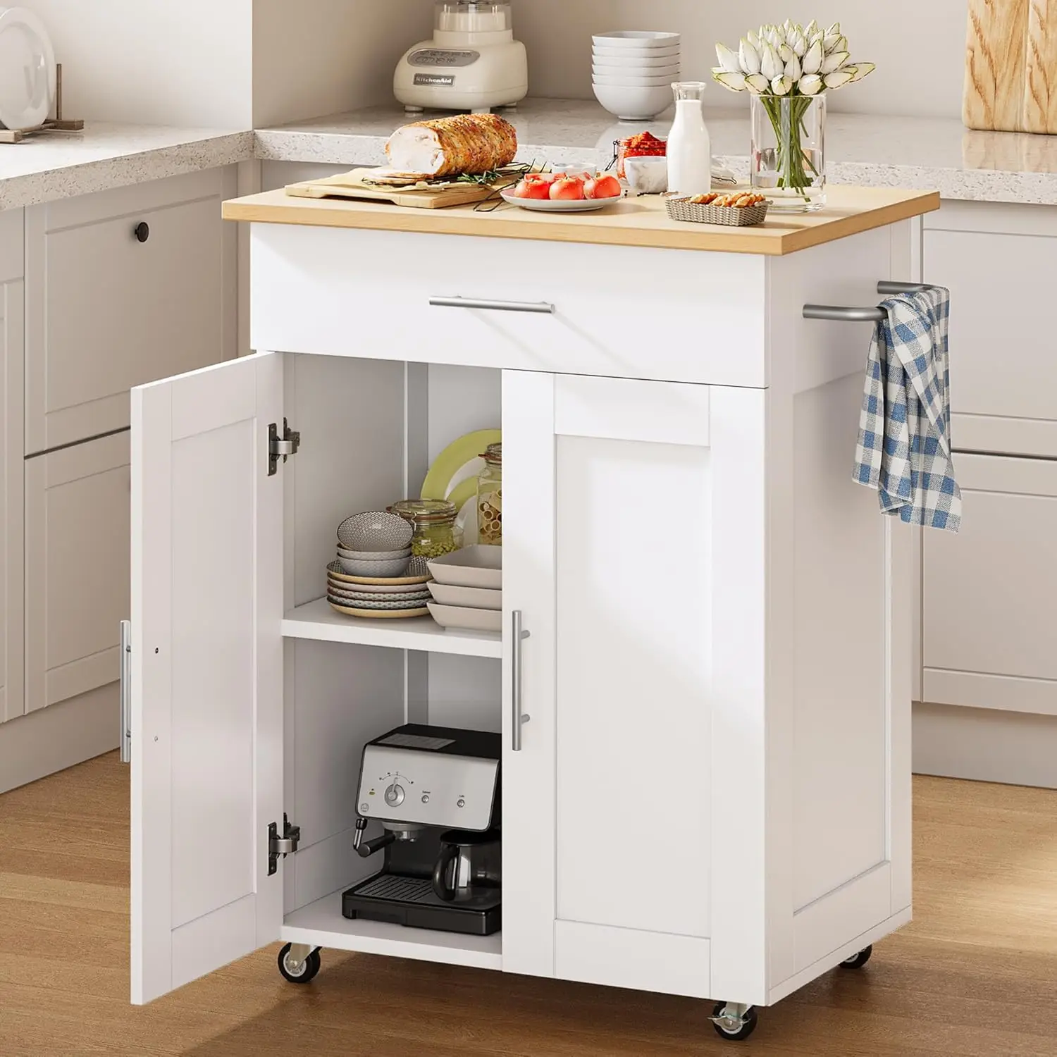 

Kitchen Island Cart with Storage, Small Kitchen Island on Wheels with Large Drawer, Adjustable Shelf & Towel Rack,, Customized