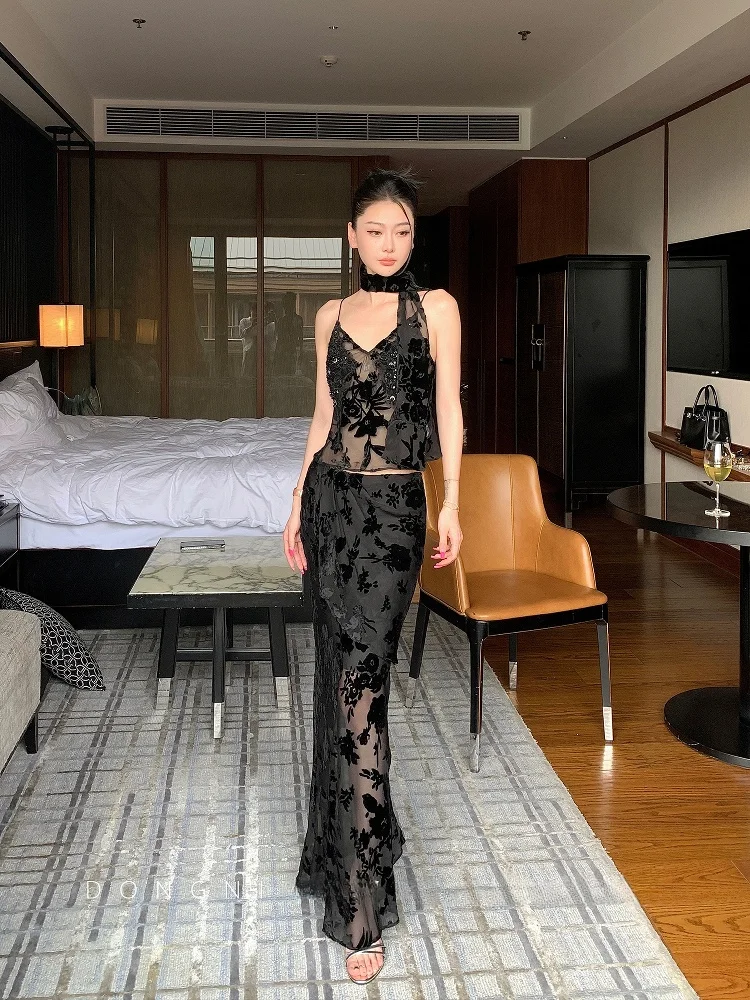 

Dongni3 Весенне-летний сексуальный прозрачный бархатный комплект из двух предметов: топ на бретельках и длинная юбка, модный женский комплект