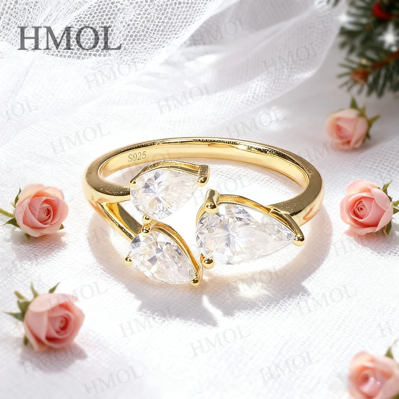 Total 2CT Custom Moissanite Three-Pear Cut Ring D/VVS1 Clarity S925 Silver Sparkling Exquisite Engagement Thanksgiving Gift