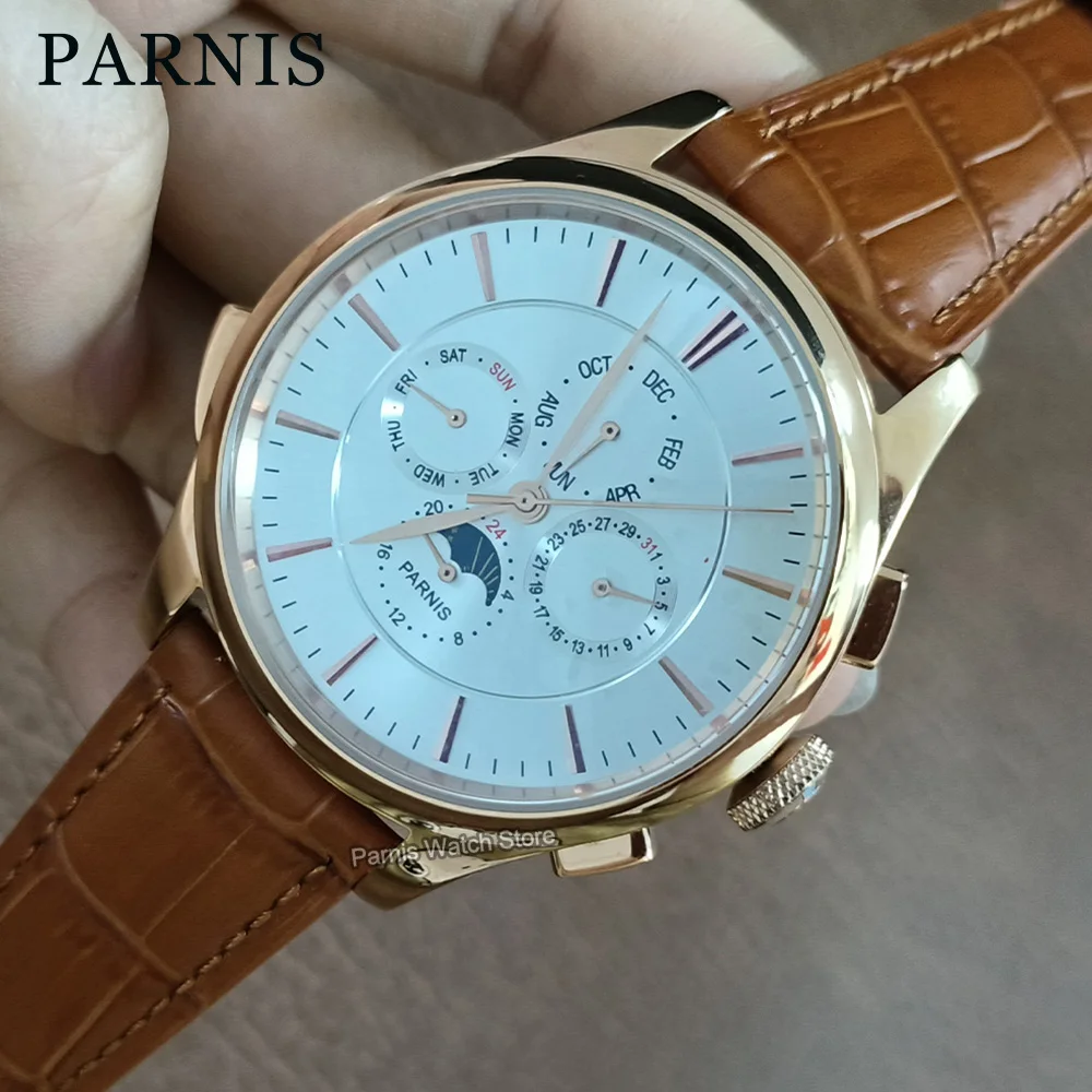 Parnis 45mm Herrenuhr Roségold Weißes Zifferblatt Seagull1652 Automatische mechanische Skala Kalender Lederarmband Herren Sportuhren