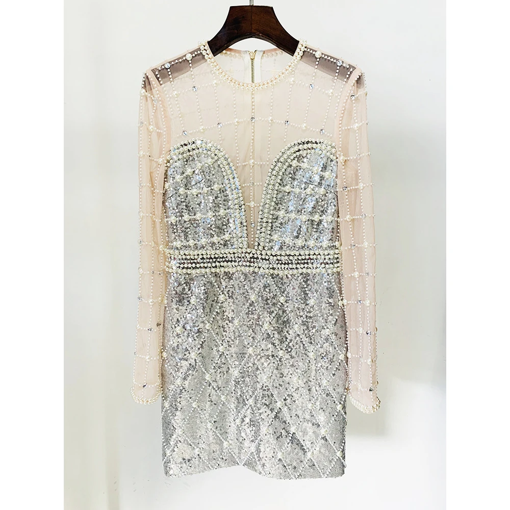 HIGH STREET Abiti da sera firmati più nuovi da donna Splendidi diamanti Perle Perline Paillettes Abito in garza a maniche lunghe Massaggio Грэйmavera』