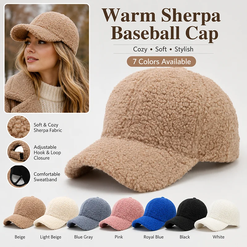 Women Lamb Wool Baseball Cap Warm Fleece Adjustable Fit Curved Brim Sun Hat Solid Color Autumn Winter Casual Outdoor Female Hats