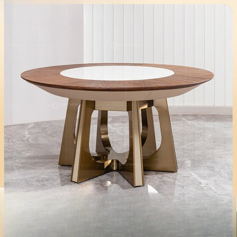 

Italian high-end luxury villa mansion dining table designer embedded rotatable walnut round dining table