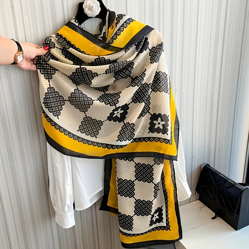 [Elegant Floral Scarf] Large Elegant Yellow Floral Print Scarf for Women - Lightweight, Windproof & Sun-Protective Shawl with Vintage Design, Perfect for Beach, Casual Outings, and Everyday Fashion