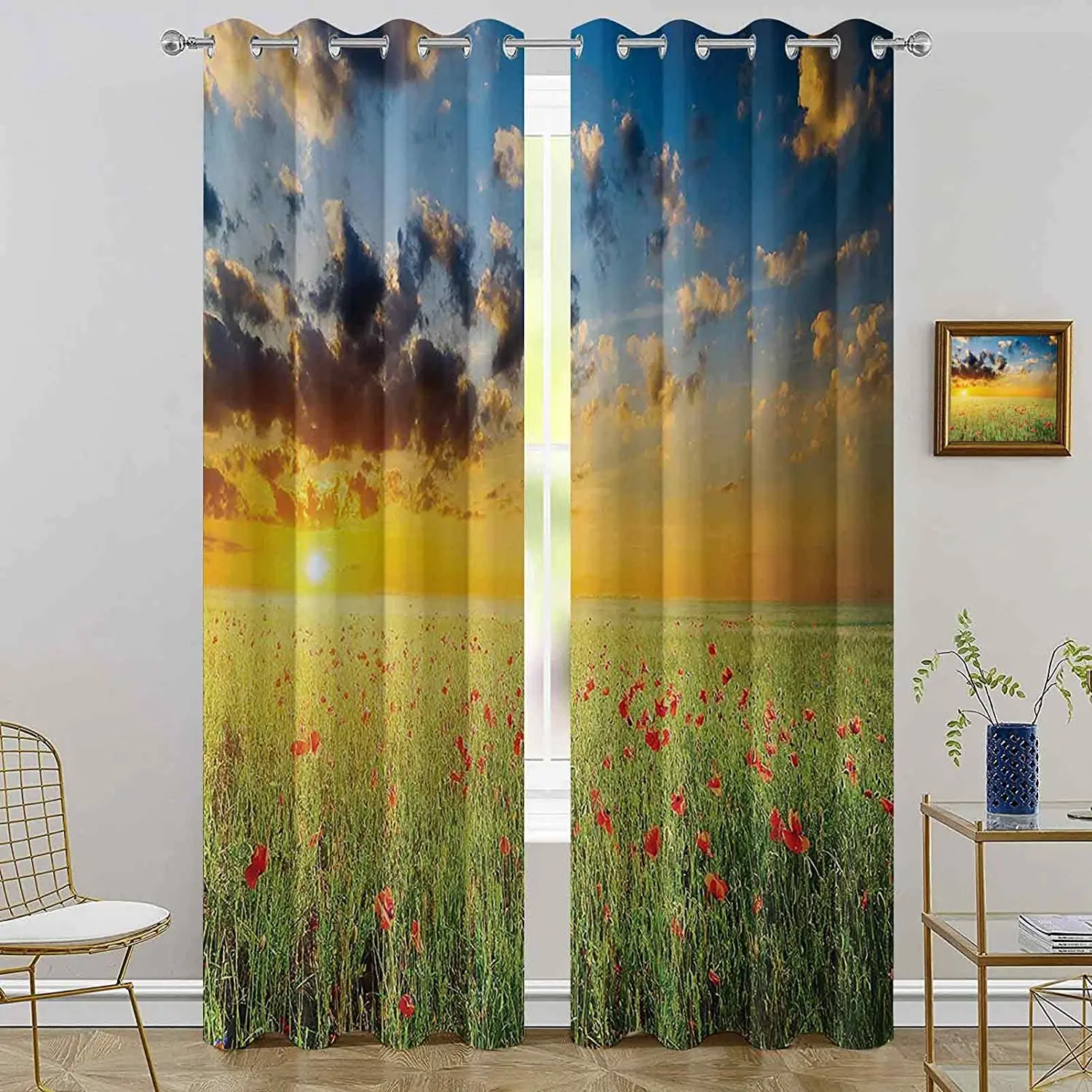 Meadow and Poppies At Sunset Horizon Blackout Curtains 3D Print Window Curtains for Bedroom Living Room Decor Window Treatments