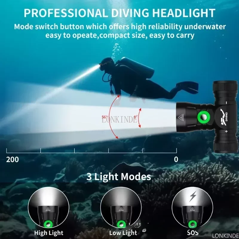 2024 Professional LED Scuba Diving Headlamp 5000LM IPX8 Waterproof Headlight Underwater 200M 18650 Battery Dive Head Torch