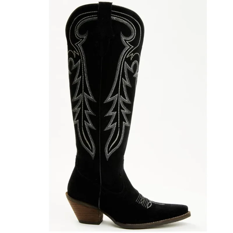 Suede Embroidery Pointeed Toe Knee-High Women Western Boots Chunky High Heels Side Zipper Design Large Size Cowboy Shoes