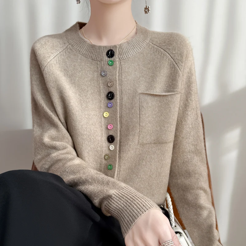 2025 New Fashion Spring O-neck Long Sleeve Cardigan Women\'s 100% Merino Wool Sweater Cardigan Color Button Knit Top Women\'s