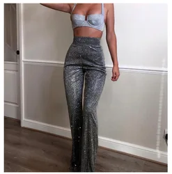 Sexy High Waisted Glitter Pants Fall Winter Outfit Women Silver Sparkly Flare Sequined Trousers Party Night Clubwear 2024