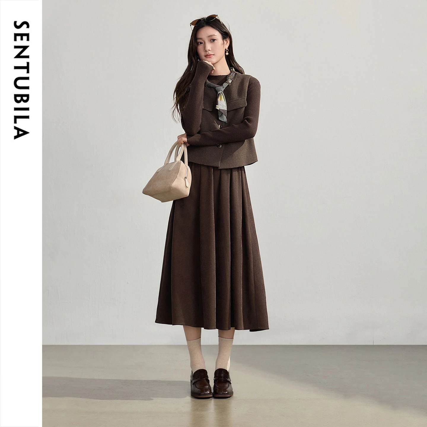 SENTUBILA Women's Winter 2 Piece Set Scarf Vest Long Sleeve A Line Dress Matching Set 2026 Thick Warm Elegant Outfit 764ZB8825