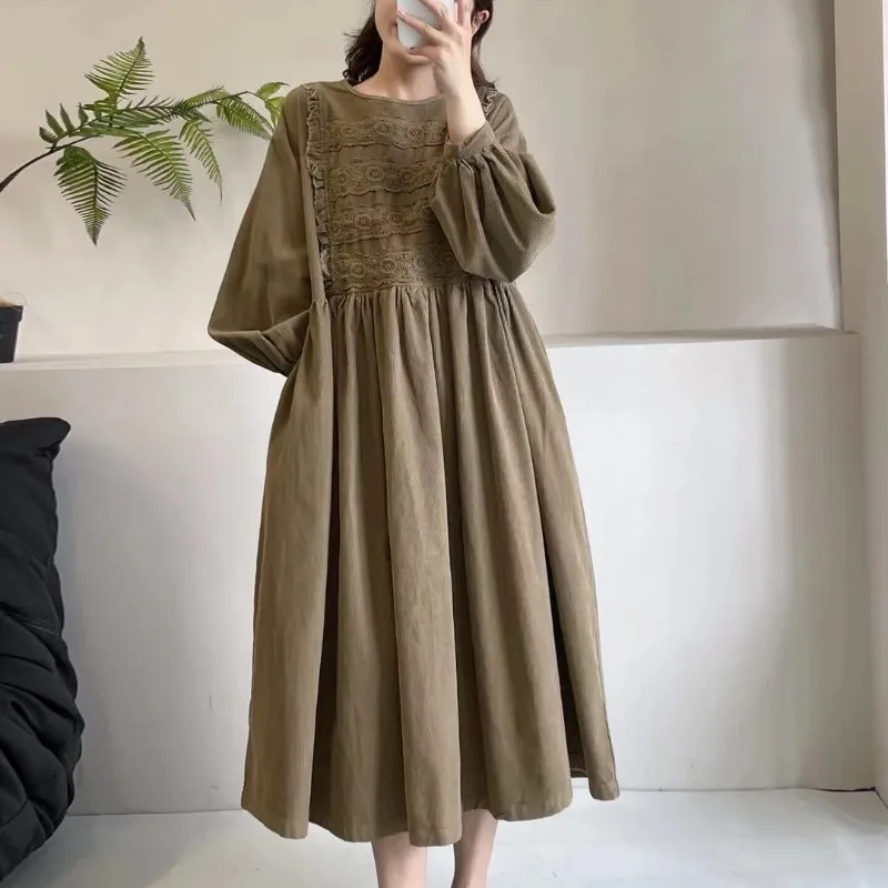 Japanese Mori Girl Vintage Embroidery Corduroy Dress Women Autumn New O-Neck Long Sleeve Casual Loose A-line Midi Dresses