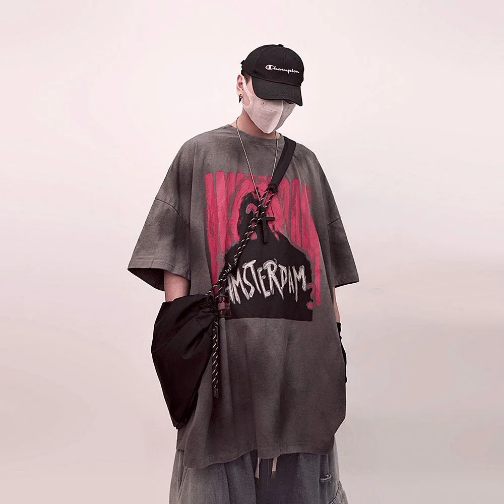 

ARENS Short Sleeve T-shirt Men Women 2026 Spring Summer Vintage High Street Printed T Shirt Oversized Washed Casual Tops