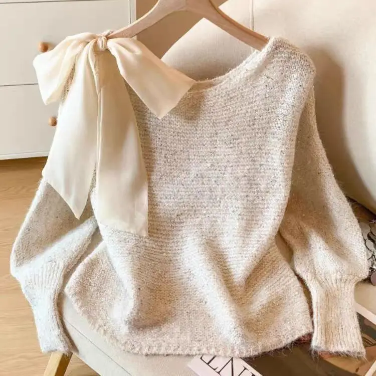 Nouveauté Printemps-Automne 2026 – Pulls unis pour femmes, style coréen, avec nœud, hauts décontractés en tricot à col en V ample pour femme U434