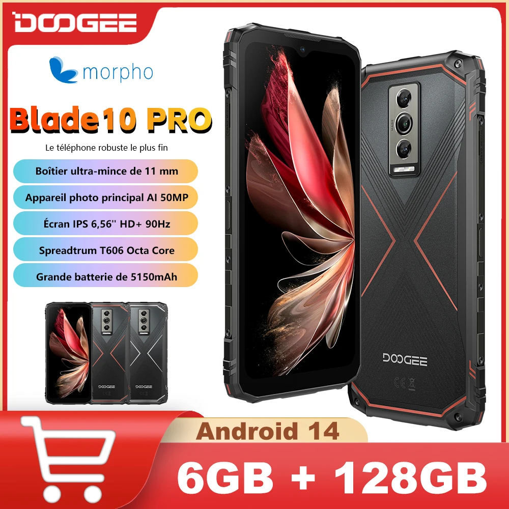 DOOGEE Blade 10 Pro Thinnest Rugged Phone 6.56“ HD+ Screen 6GB+256GB T606 4G 50MP Camera 5150mAh NFC Android 14 Global Version