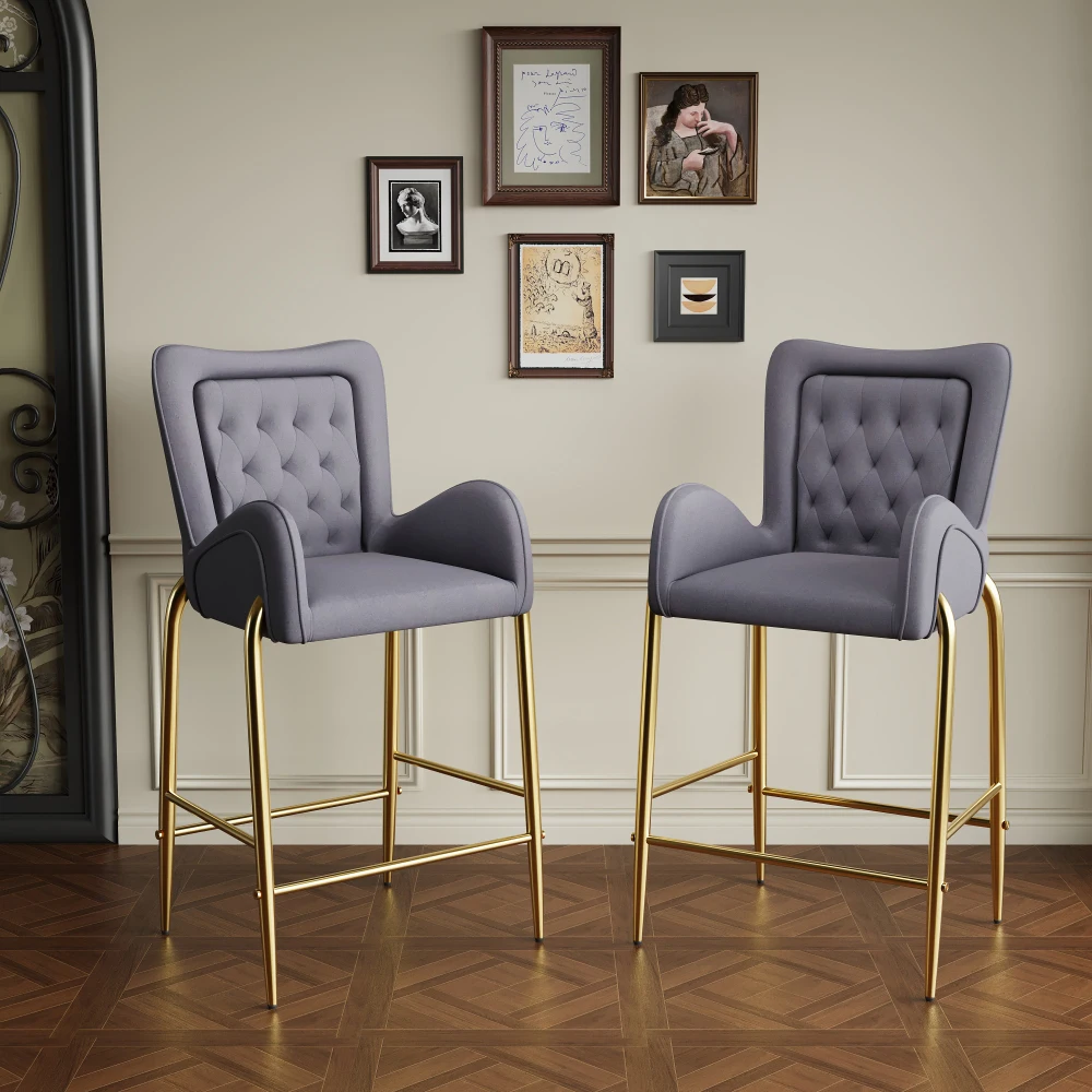 

28.75inch Counter Height Bar Stools Set of 2, Bar Height Arm Chairs, Velvet Fabric Stools with Golden Legs and Footrests,Gray