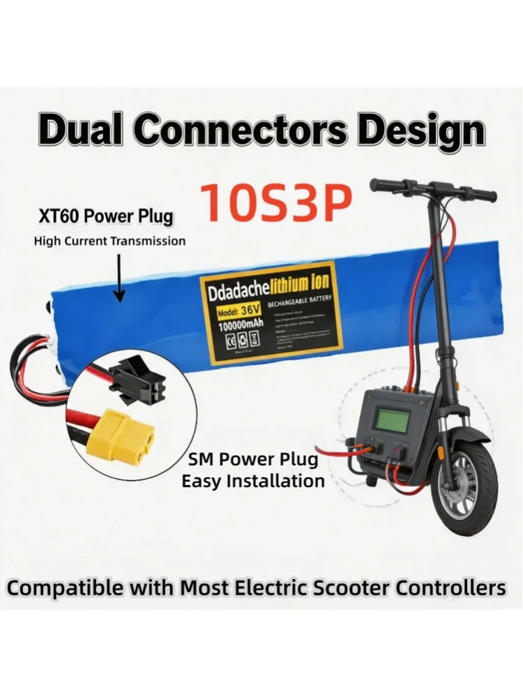 36V 100000mAh 10S3P Lithium-Ionen-Akkupack 100000mAh mit integriertem BMS XT60+SM Anschluss Wiederaufladbarer Akku für Elektroroller E-Bike