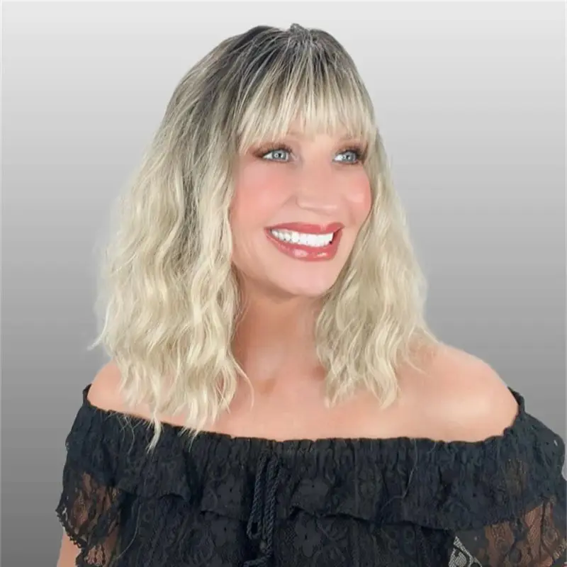 Ombre Ash Blonde With Dark Roots Synthetic Lace Front Wig With Bangs Realistic Hairline Wig For Women Fast Shipping Small/Large