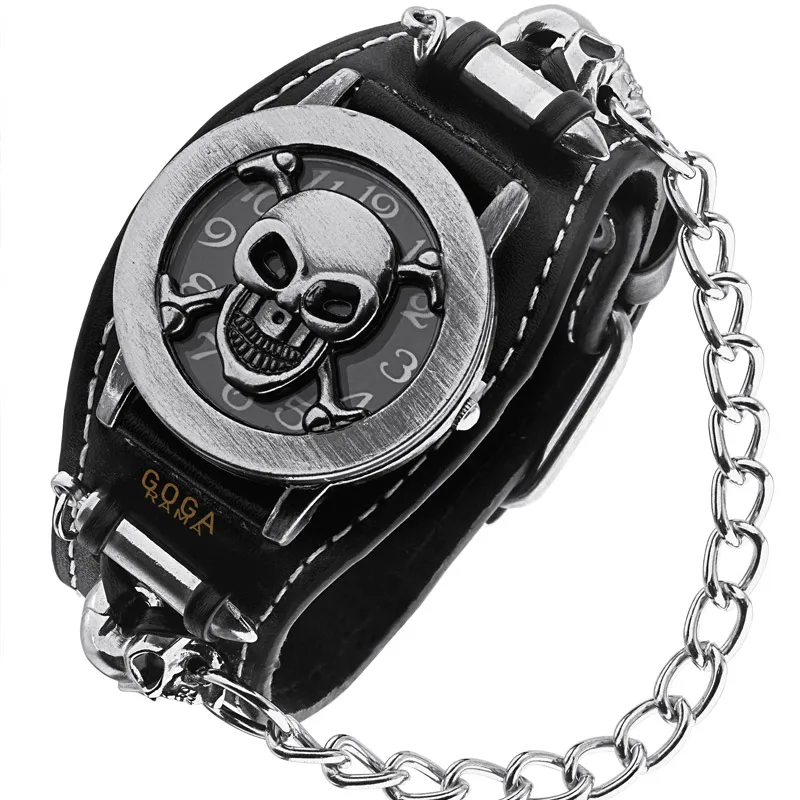 Reloj deportivo clásico para hombre, cronógrafo de cuarzo, informal, estilo Punk Rock, con tapa de calavera de cuero negro, con caja de regalo