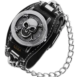 Top Brand Flip Skull Chain Punk Style Men's Watch Retro Black Leather Quartz Personalized Clock Halloween Gift